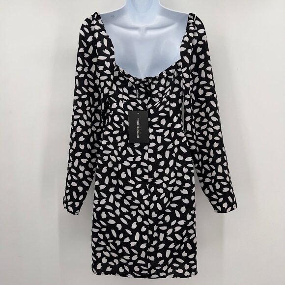 PrettyLittleThing Women’s Black Seed Print Mini Dress  4 Long Sleeve NWT - Picture 5 of 14